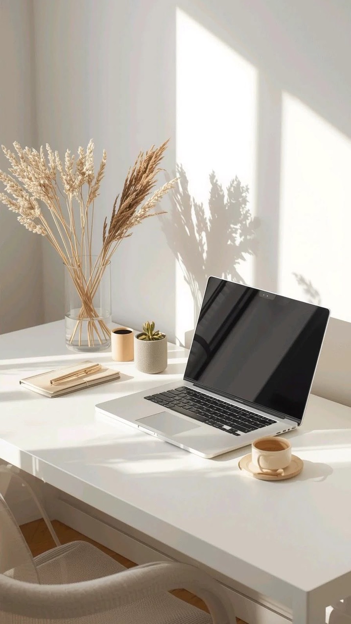 A laptop on a sunlit desk with a coffee cup and a notebook