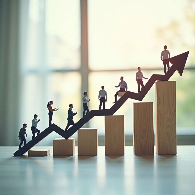 Small figures climbing an arrow over rising wooden blocks