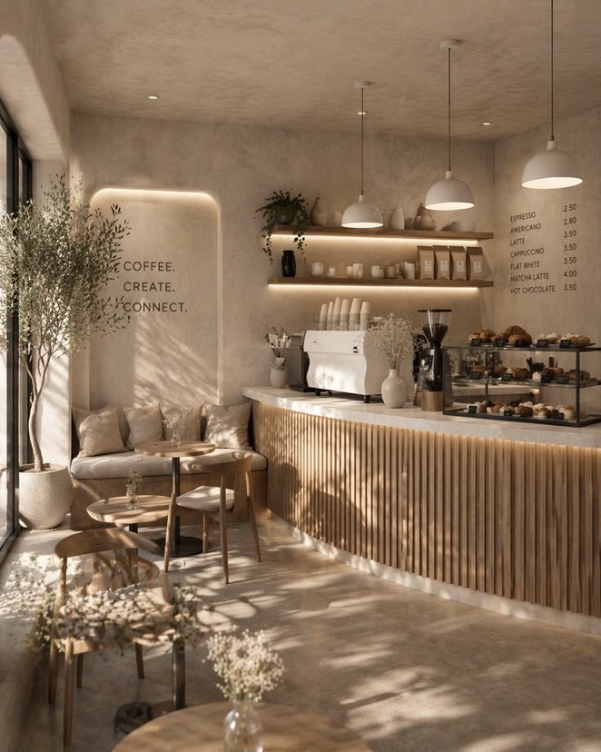 A calm café with a counter, shelves and seating
