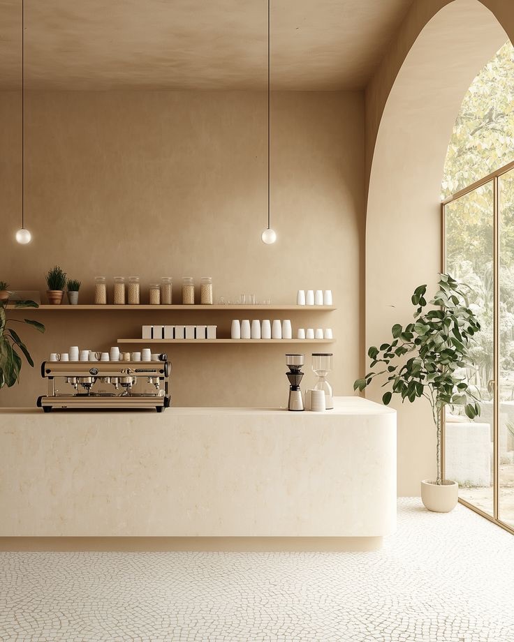 A local café counter with an espresso machine and shelves of cups