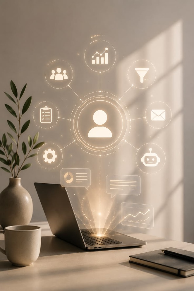 A laptop with icons for different business areas floating above it