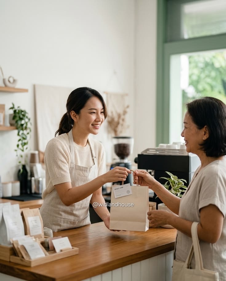 A café worker handing a paper bag to a smiling customer