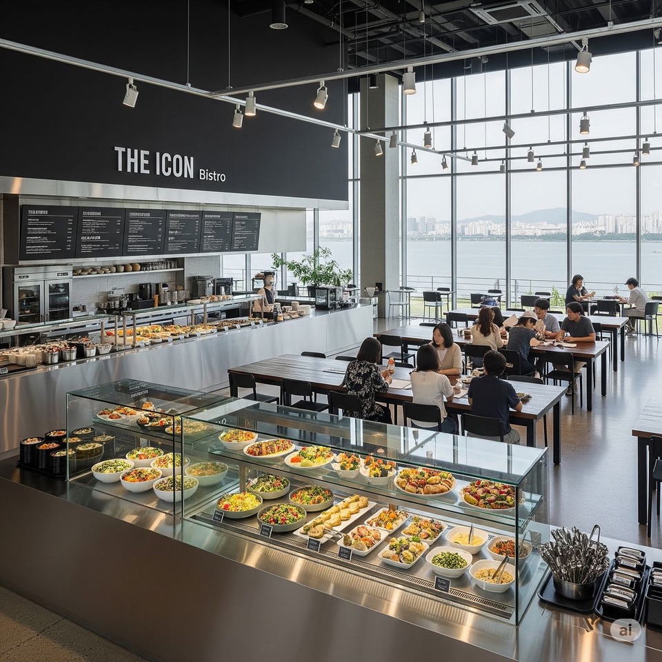 A busy café with a food counter and people eating at tables